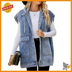 Oversized Denim Vest Sleeveless Jacket Distressed Cotton Mid-Long